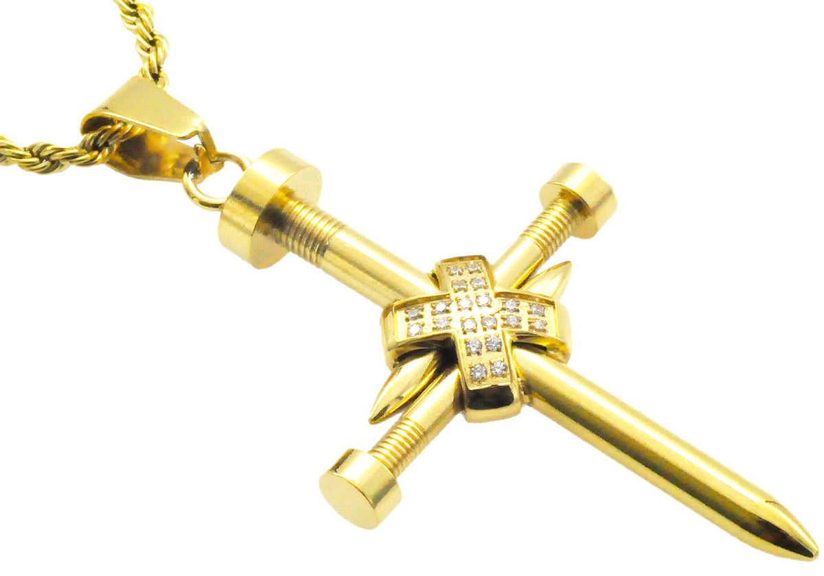 Mens Gold Stainless Steel Nail Cross Pendant With Cubic Zirconia and 24" Rope Chain