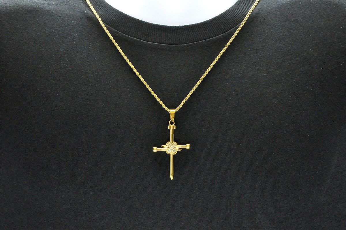 Mens Gold Stainless Steel Nail Cross Pendant With Cubic Zirconia and 24" Rope Chain