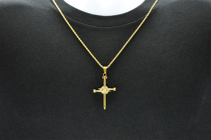 Mens Gold Stainless Steel Nail Cross Pendant With Cubic Zirconia and 24" Rope Chain
