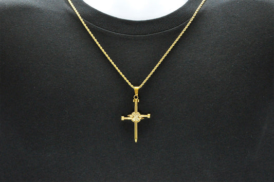 Mens Gold Stainless Steel Nail Cross Pendant With Cubic Zirconia and 24" Rope Chain
