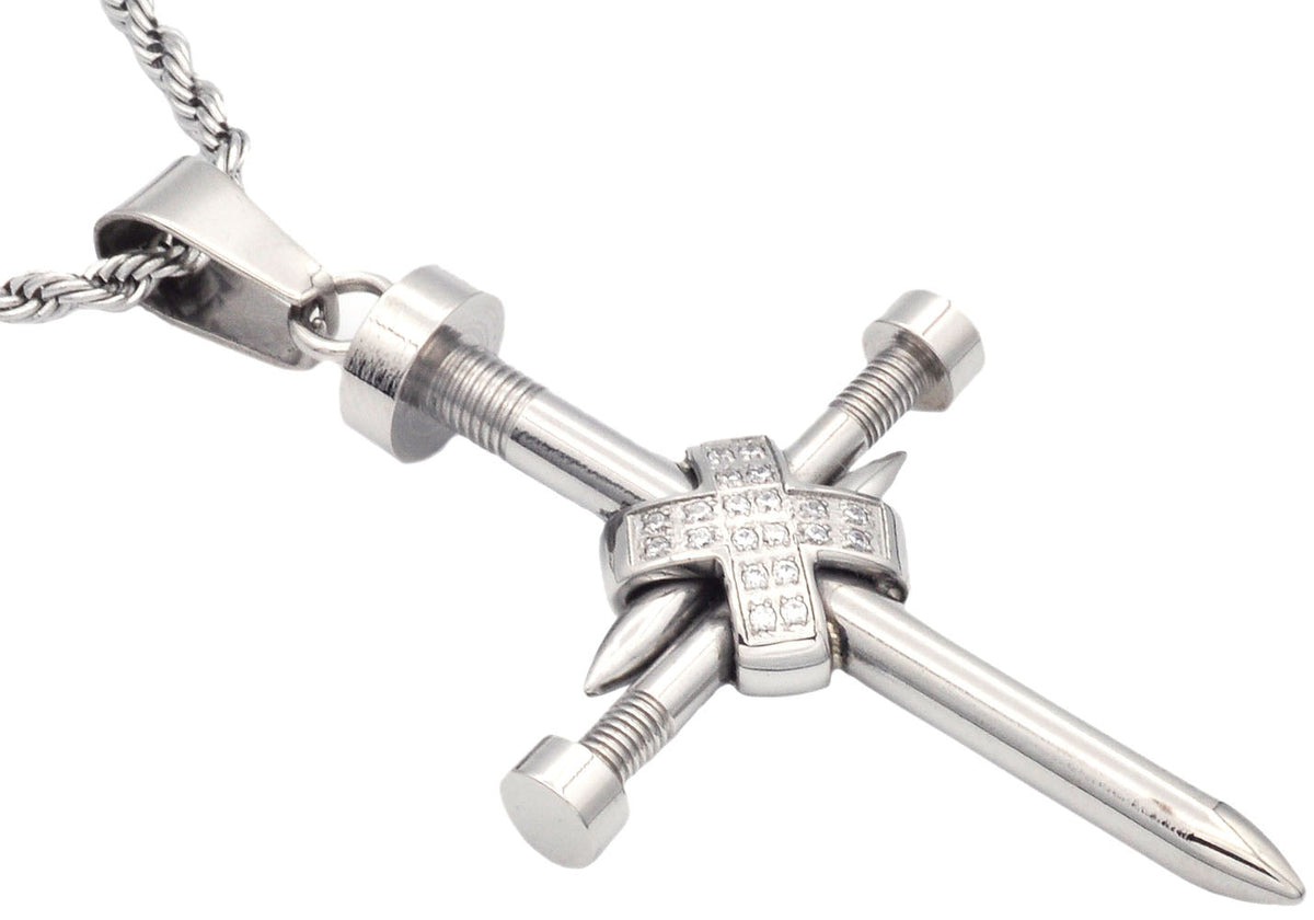 Mens Stainless Steel Nail Cross Pendant With Cubic Zirconia and 24" Rope Chain