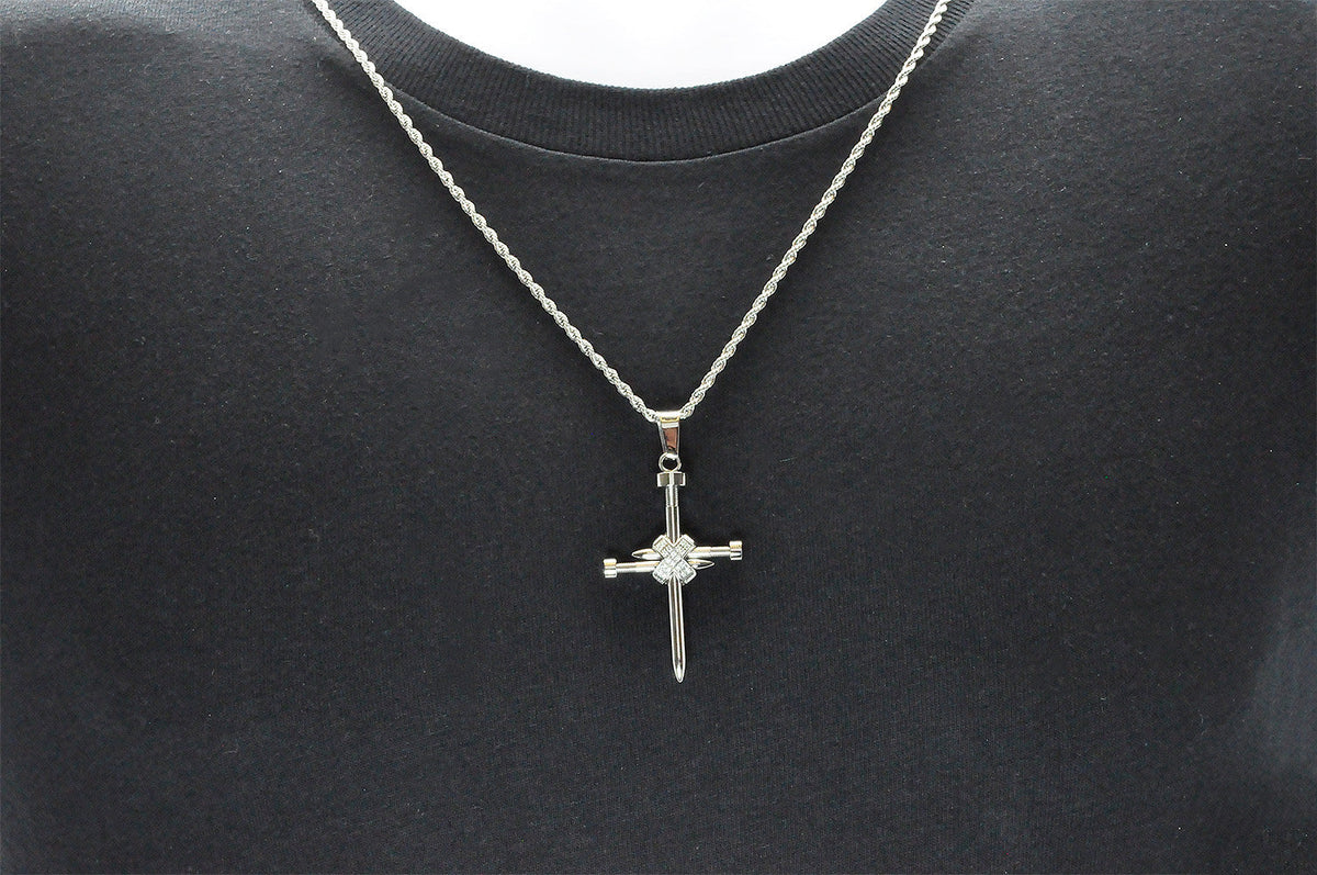 Mens Stainless Steel Nail Cross Pendant With Cubic Zirconia and 24" Rope Chain