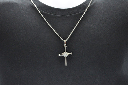 Mens Stainless Steel Nail Cross Pendant With Cubic Zirconia and 24" Rope Chain