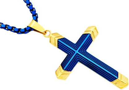 Mens Two-Toned Blue with Gold Tipped Stainless Steel Cross Pendant With 24" Box Chain