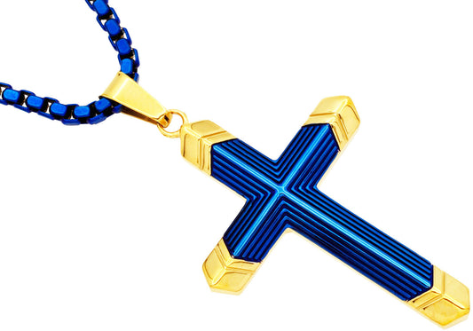 Mens Two-Toned Blue with Gold Tipped Stainless Steel Cross Pendant With 24" Box Chain