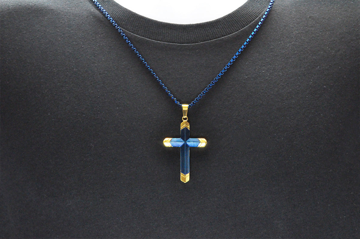 Mens Two-Toned Blue with Gold Tipped Stainless Steel Cross Pendant With 24" Box Chain