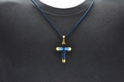 Mens Two-Toned Blue with Gold Tipped Stainless Steel Cross Pendant With 24" Box Chain