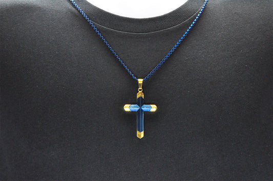 Mens Two-Toned Blue with Gold Tipped Stainless Steel Cross Pendant With 24" Box Chain