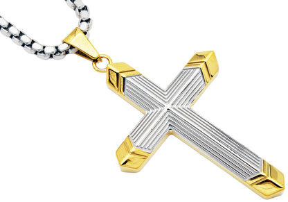 Mens Two-Toned Gold Tipped Stainless Steel Cross Pendant With 24" Box Chain