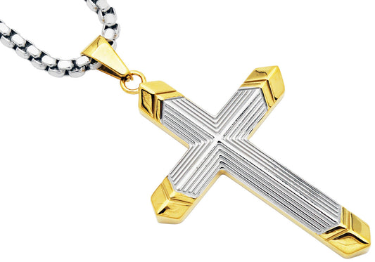 Mens Two-Toned Gold Tipped Stainless Steel Cross Pendant With 24" Box Chain