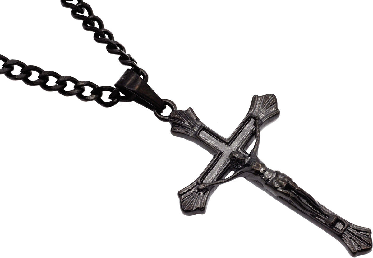 Mens Black Stainless Steel Crucifix Cross Pendant With 24" Curb Chain
