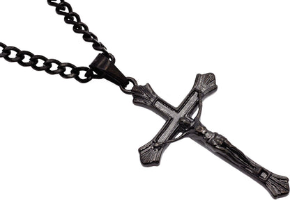 Mens Black Stainless Steel Crucifix Cross Pendant With 24" Curb Chain