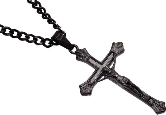 Mens Black Stainless Steel Crucifix Cross Pendant With 24" Curb Chain