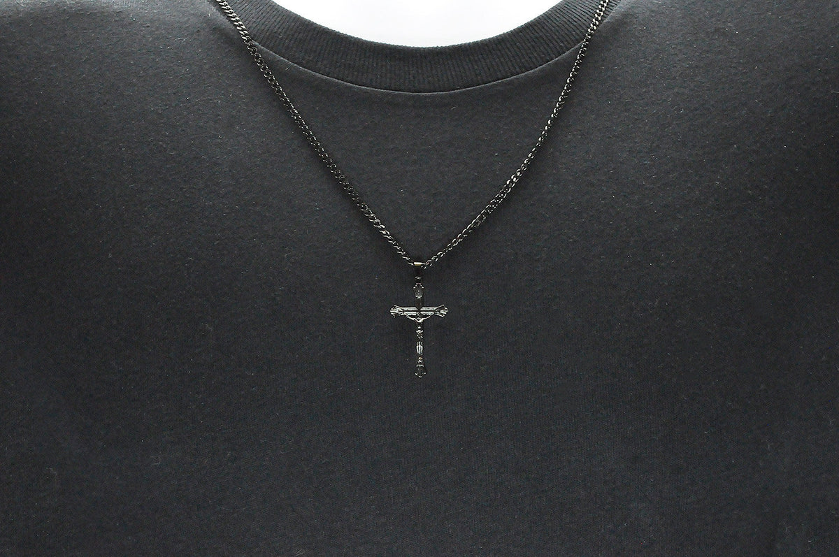 Mens Black Stainless Steel Crucifix Cross Pendant With 24" Curb Chain