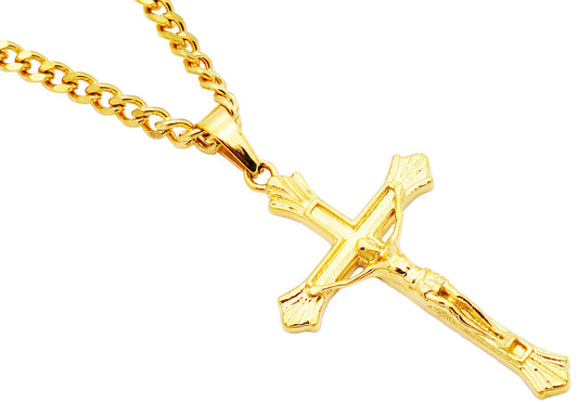 Mens Gold Stainless Steel Crucifix Cross Pendant With 24" Curb Chain