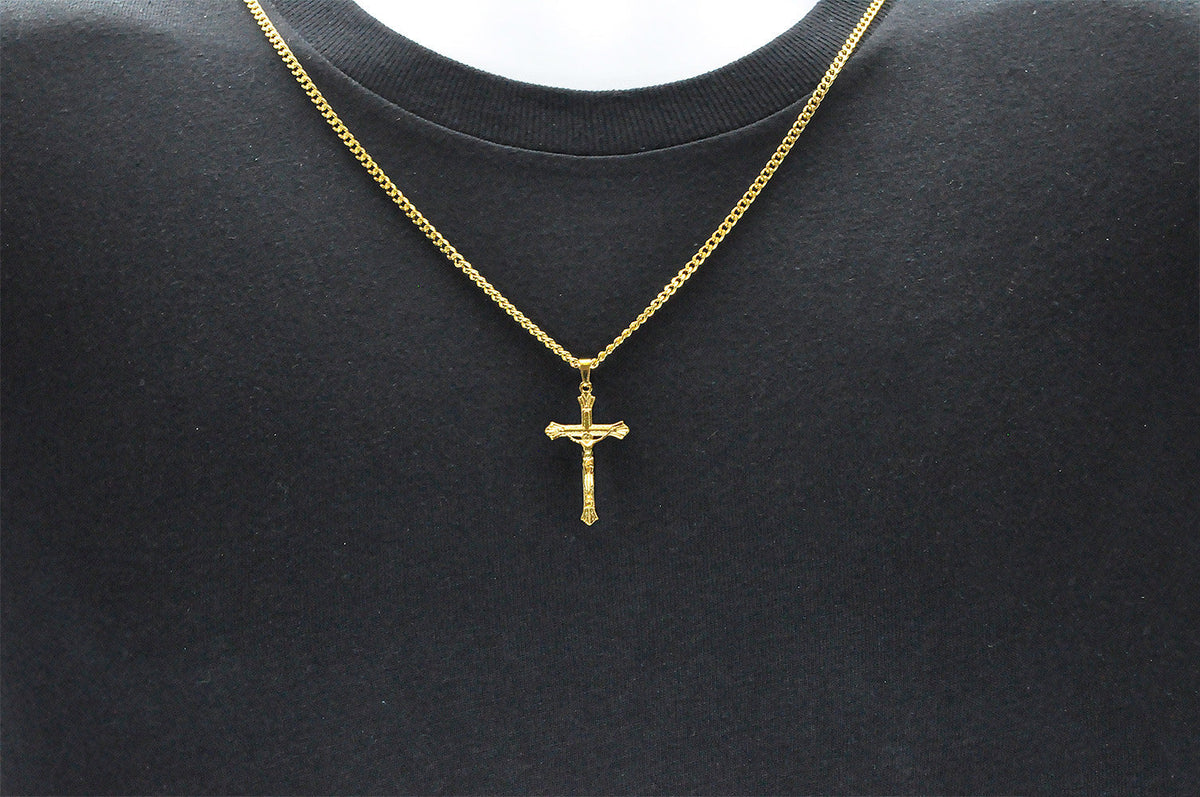 Mens Gold Stainless Steel Crucifix Cross Pendant With 24" Curb Chain
