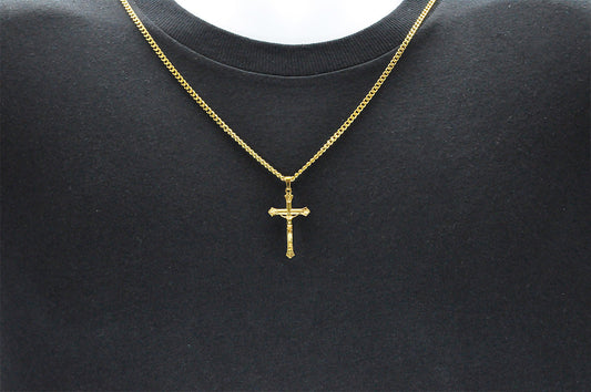 Mens Gold Stainless Steel Crucifix Cross Pendant With 24" Curb Chain