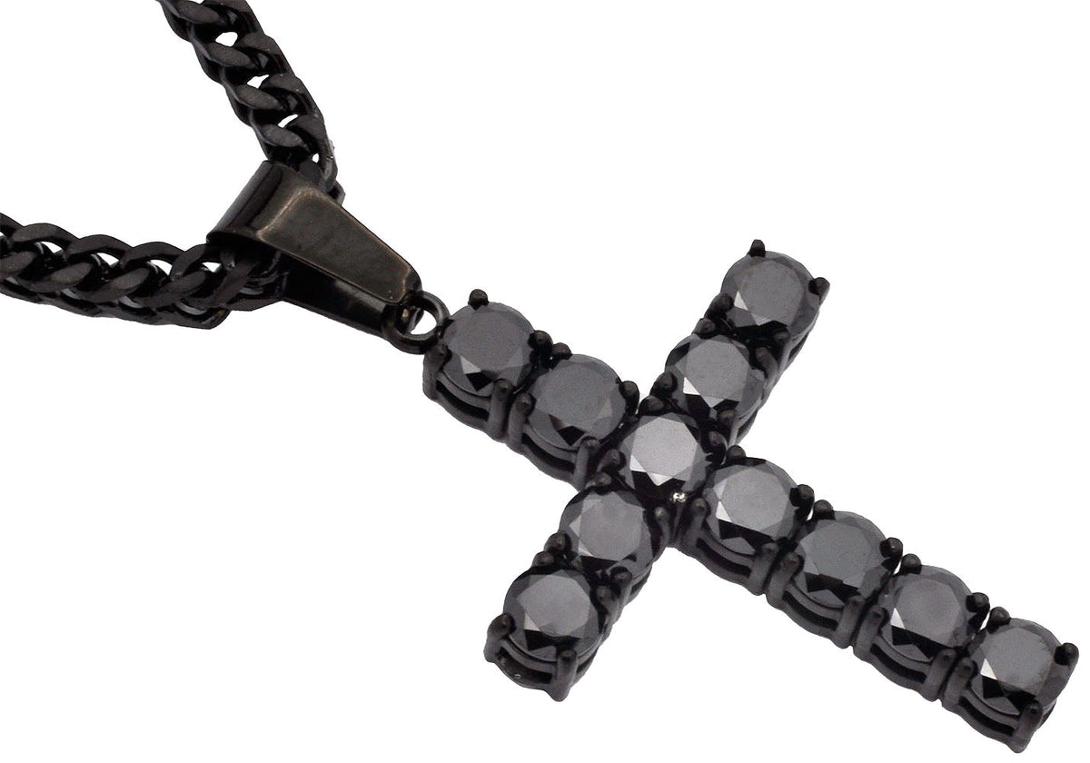 Mens Black Stainless Steel Cross Pendant With Black Cubic Zirconia Embedded