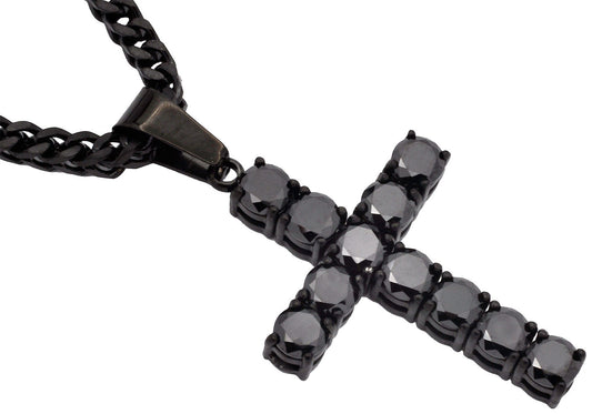 Mens Black Stainless Steel Cross Pendant With Black Cubic Zirconia Embedded