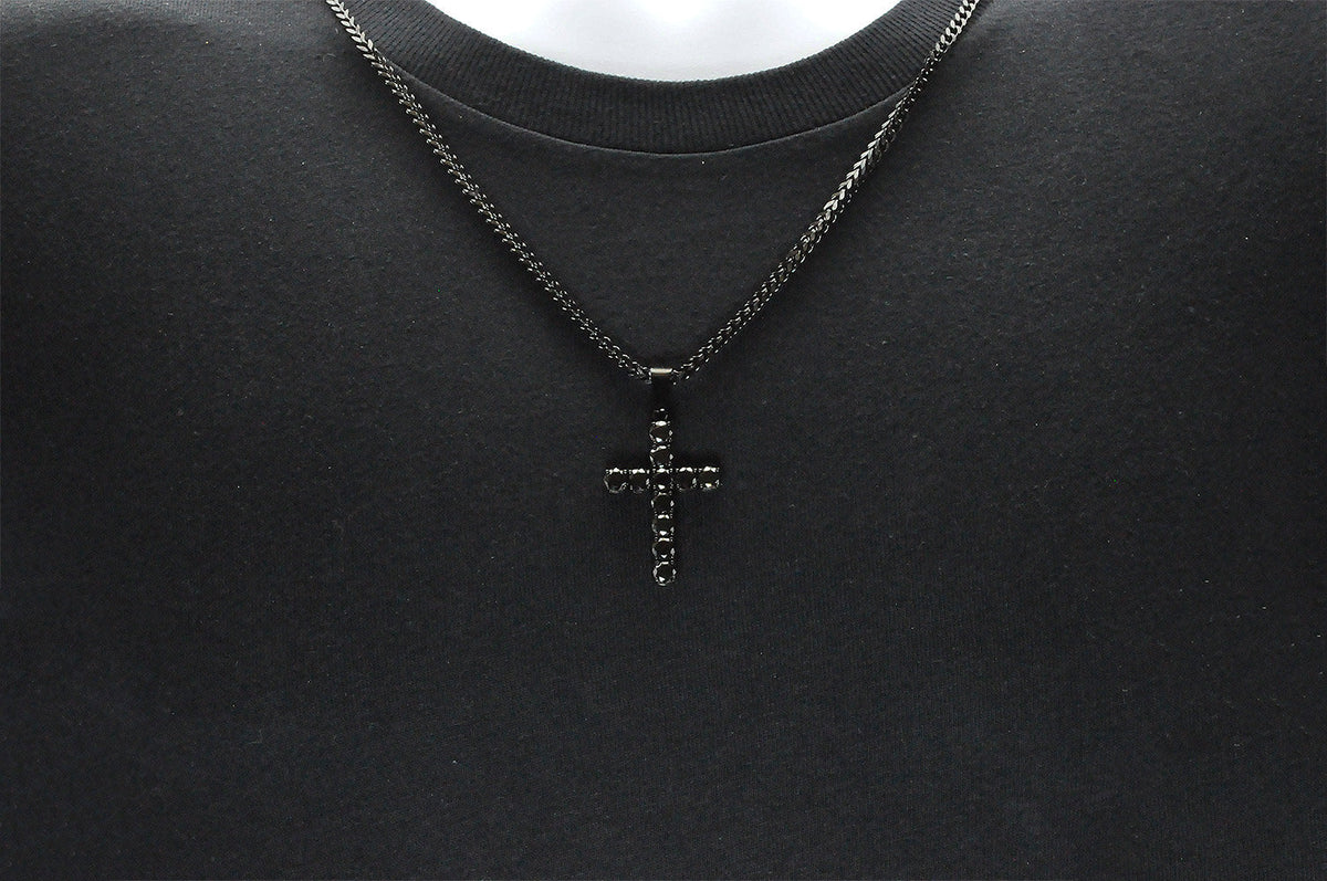 Mens Black Stainless Steel Cross Pendant With Black Cubic Zirconia Embedded