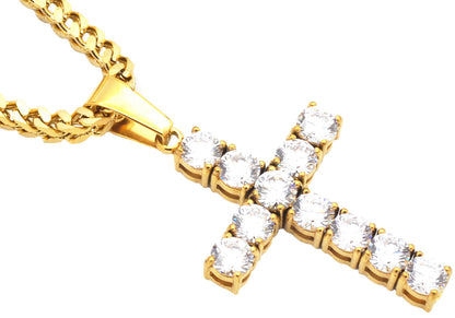 Mens Gold Plated Stainless Steel Cross Pendant With Cubic Zirconia Embedded