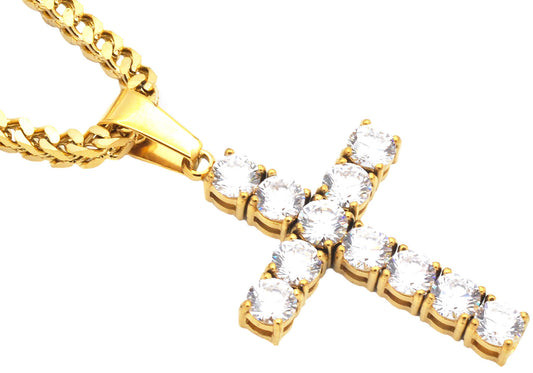 Mens Gold Plated Stainless Steel Cross Pendant With Cubic Zirconia Embedded