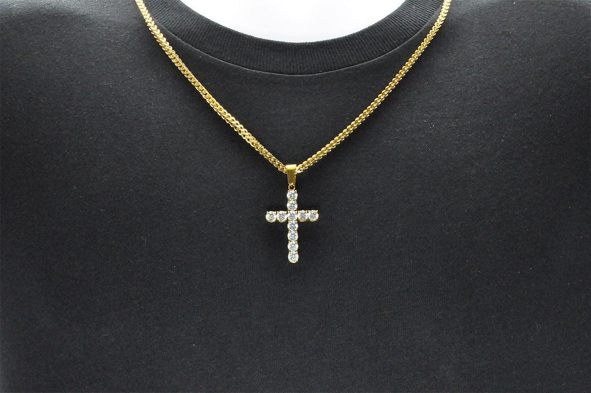 Mens Gold Plated Stainless Steel Cross Pendant With Cubic Zirconia Embedded