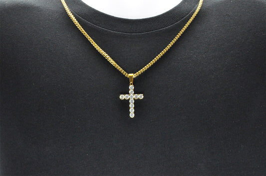 Mens Gold Plated Stainless Steel Cross Pendant With Cubic Zirconia Embedded