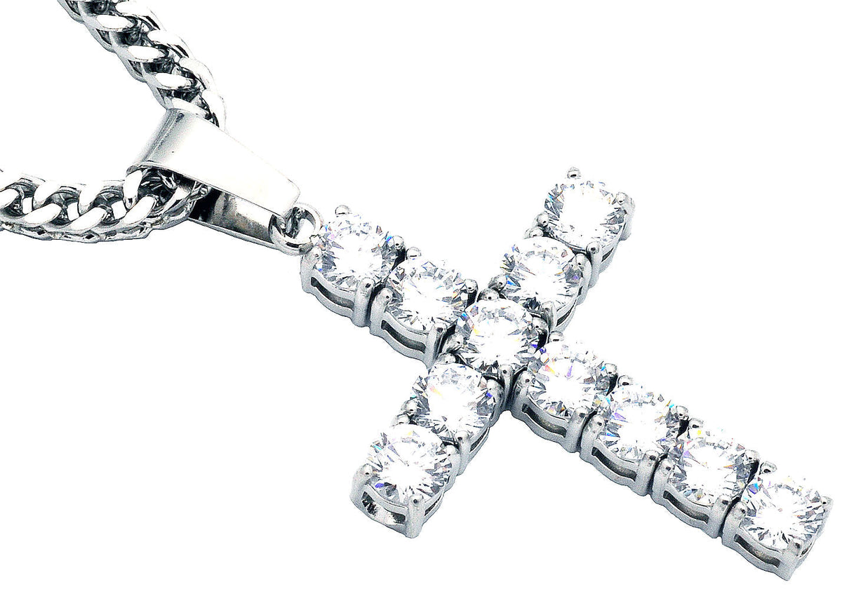 Mens Stainless Steel Cross Pendant With Cubic Zirconia Embedded