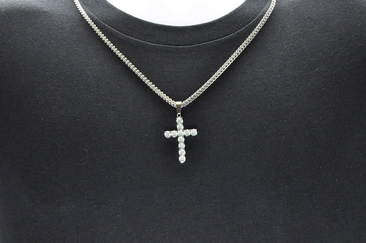 Mens Stainless Steel Cross Pendant With Cubic Zirconia Embedded