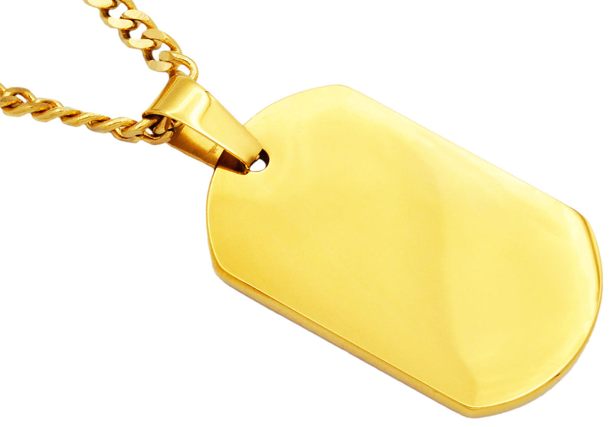 Mens Gold Stainless Steel Engravable Dog Tag Pendant Necklace With 24" Gold Curb Chain