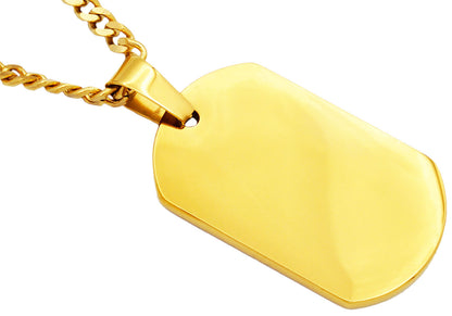 Mens Gold Stainless Steel Engravable Dog Tag Pendant Necklace With 24" Gold Curb Chain