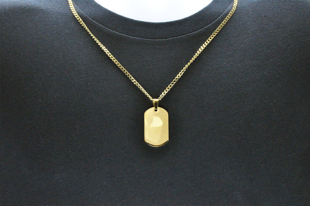 Mens Gold Stainless Steel Engravable Dog Tag Pendant Necklace With 24" Gold Curb Chain