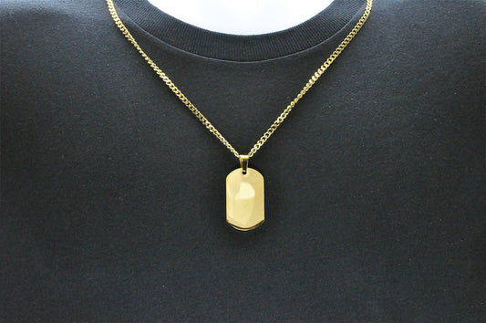 Mens Gold Stainless Steel Engravable Dog Tag Pendant Necklace With 24" Gold Curb Chain