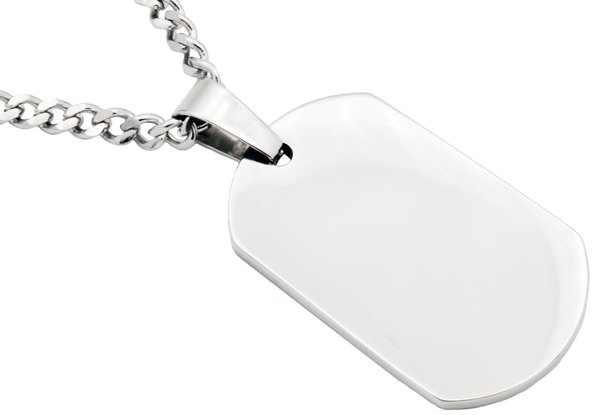 Mens Stainless Steel Engravable Dog Tag Pendant Necklace With 24" Curb Chain