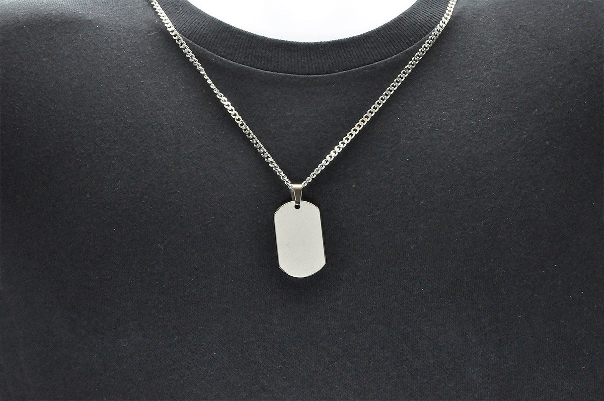 Mens Stainless Steel Engravable Dog Tag Pendant Necklace With 24" Curb Chain