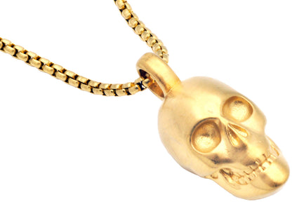 Mens Gold Plated Stainless Steel Skull Pendant Necklace With 24" Box Chain