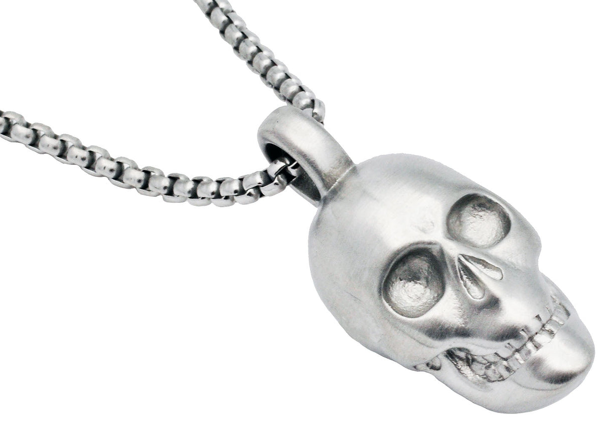 Mens Stainless Steel Skull Pendant Necklace With 24" Box Chain