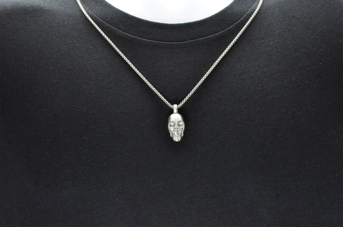 Mens Stainless Steel Skull Pendant Necklace With 24" Box Chain
