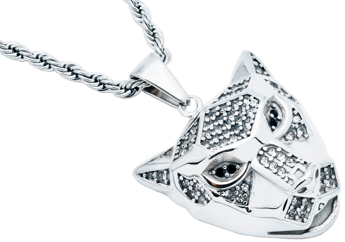 Mens Gold Plated Stainless Steel Panther Head Pendant With Cubic Zirconia