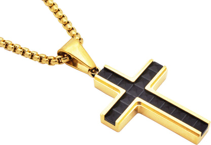 Mens Gold & Black Stainless Steel Cross Pendant With 24" Round Box Chain