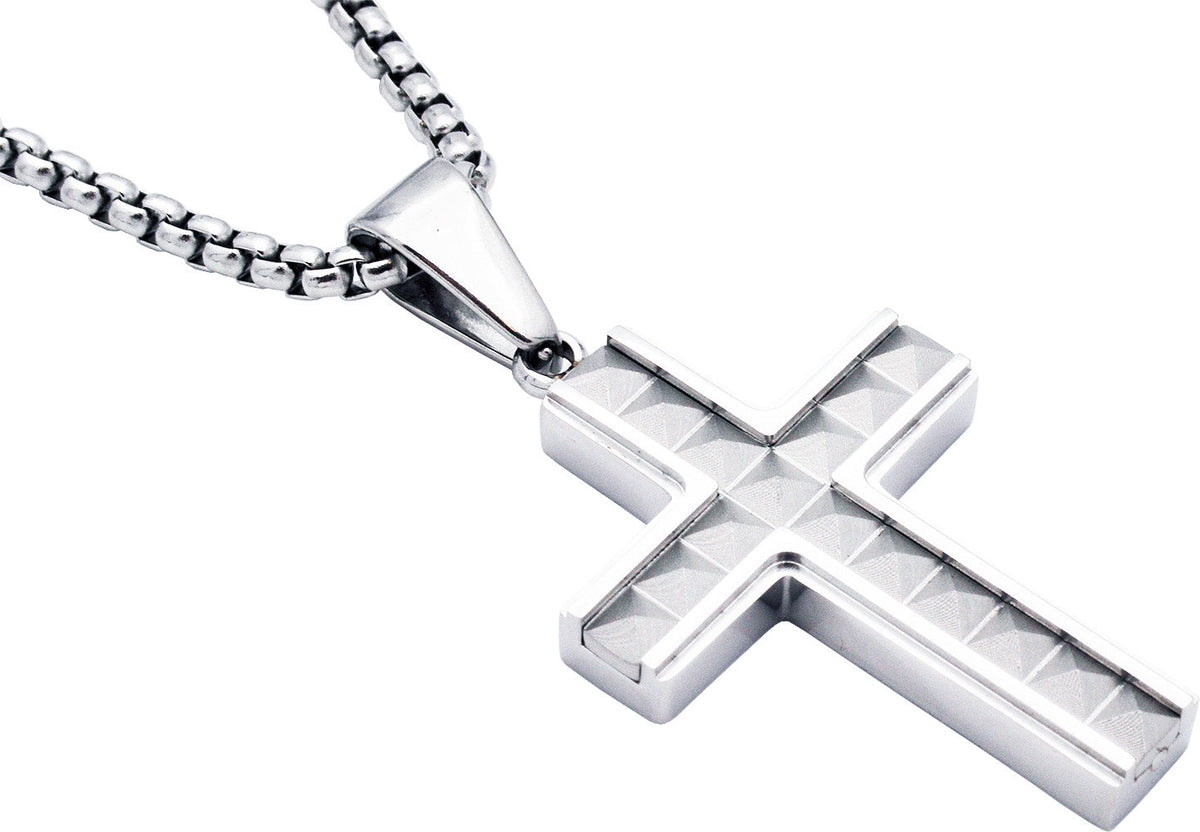 Mens Stainless Steel Cross Pendant With 24" Round Box Chain