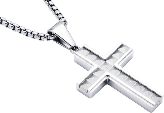 Mens Stainless Steel Cross Pendant With 24" Round Box Chain