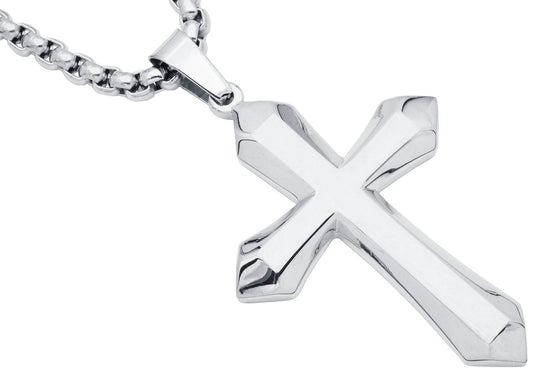 Mens Stainless Steel Cross Pendant Necklace with 24" Round Box Chain