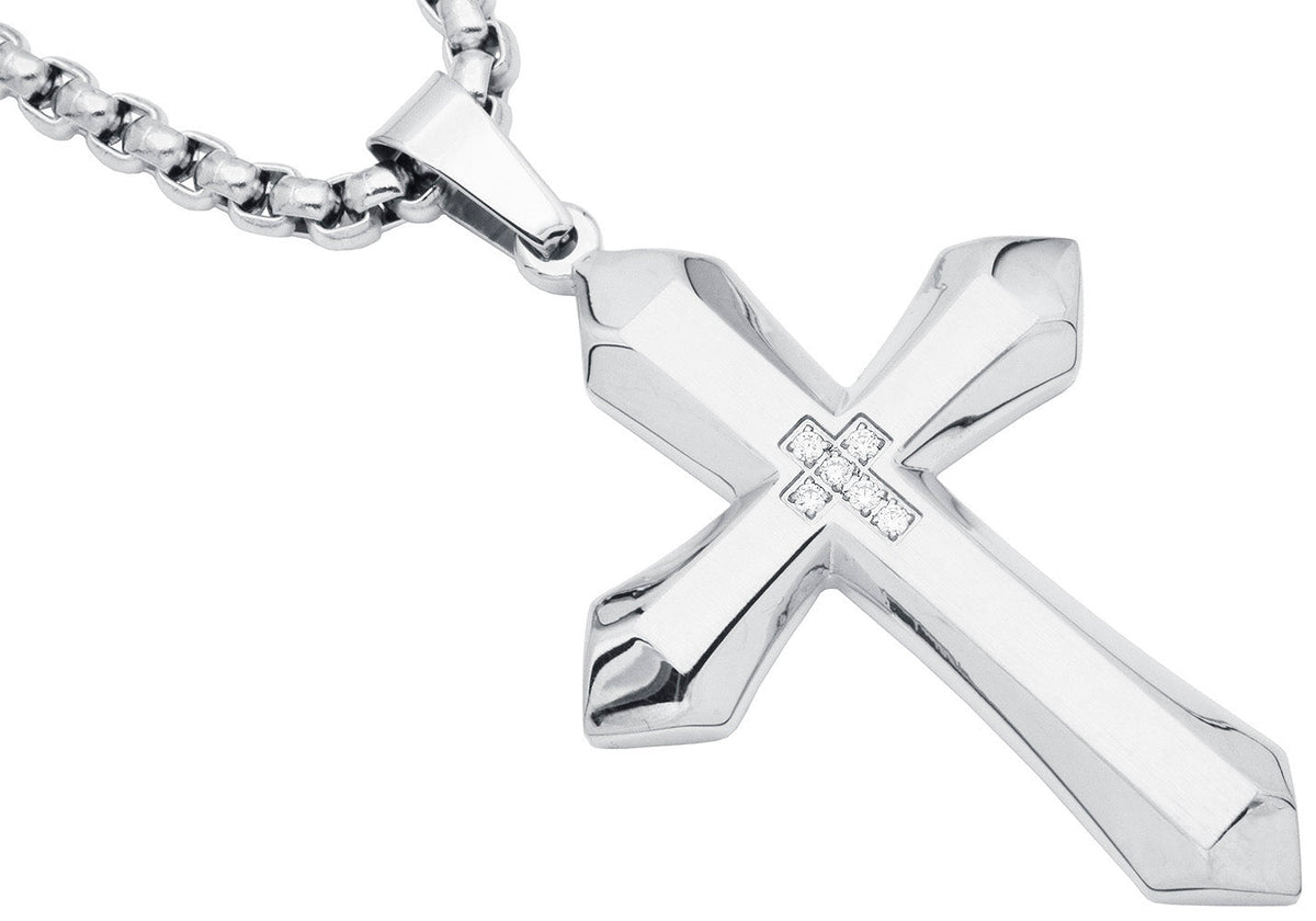 Mens Stainless Steel Cross Pendant Necklace With Cubic Zirconia with 24" Round Box Chain