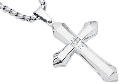 Mens Stainless Steel Cross Pendant Necklace With Cubic Zirconia with 24" Round Box Chain