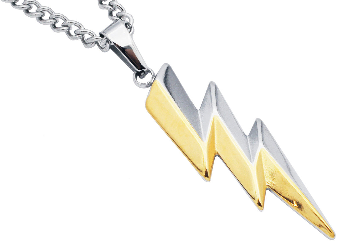 Mens Two-Tone Gold Plated Stainless Steel Thunderbolt Pendant with 24" Curb Chain
