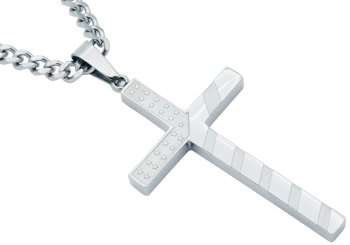Mens Stainless Steel Stars and Stripes Cross Pendant Necklace With 24" Curb Chain