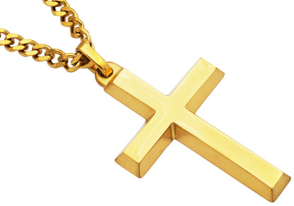 Mens Stainless Steel Gold Plated Cross Pendant With 24" Curb Chain
