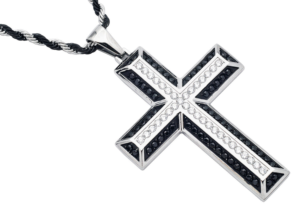 Men's Two-tone Black Plated Stainless Steel Cross Pendant Necklace With Black Cubic Zirconia With 24" Two-tone Rope Chain